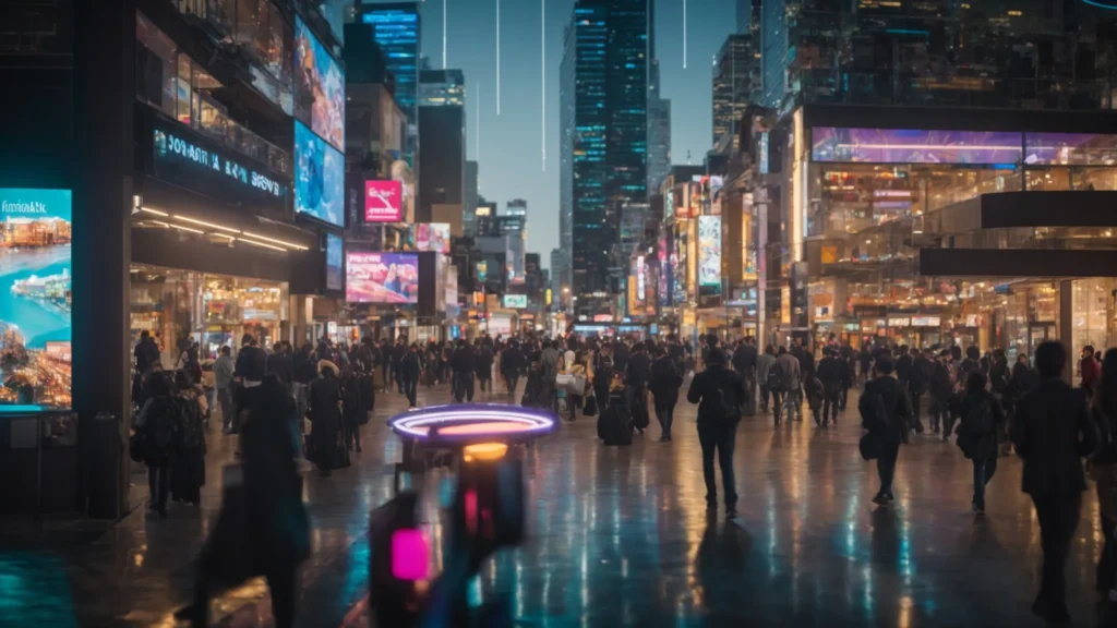 a dynamic cityscape showcases a vibrant local business bustling with activity, enhanced by digital screens displaying targeted ads and engaging chatbot interactions, symbolizing the transformative power of ai in modern marketing.