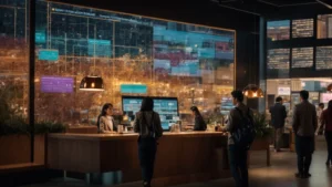 local business scene showcases an engaged owner analyzing data on a sleek tablet, surrounded by ai-driven advertising graphics and bustling customers, illuminated by warm, welcoming light to symbolize growth and innovation.