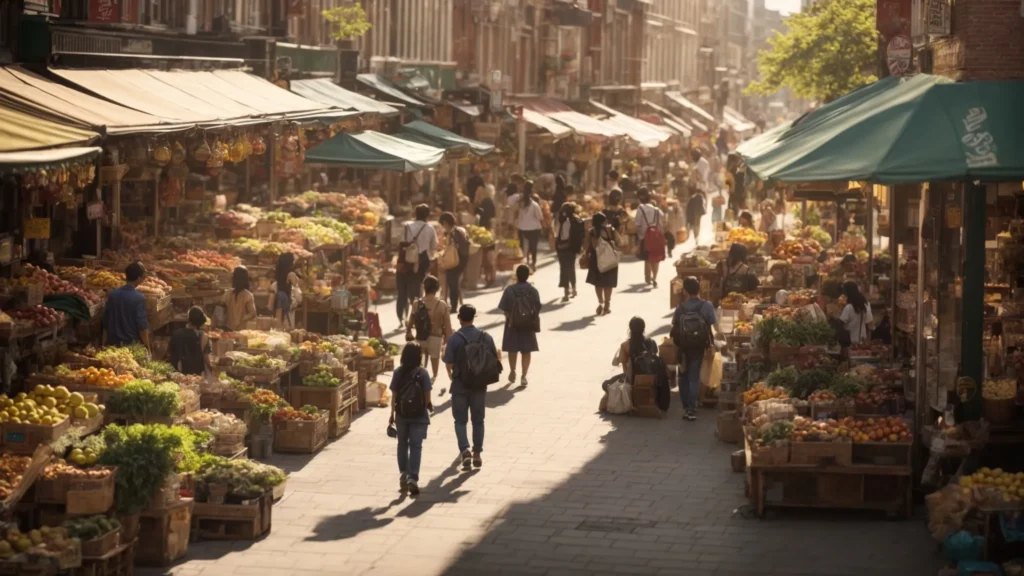 a vibrant urban landscape showcasing a busy local marketplace, illuminated by warm afternoon sunlight, with clear signage and bustling shoppers emphasizing the importance of local seo in enhancing community engagement.